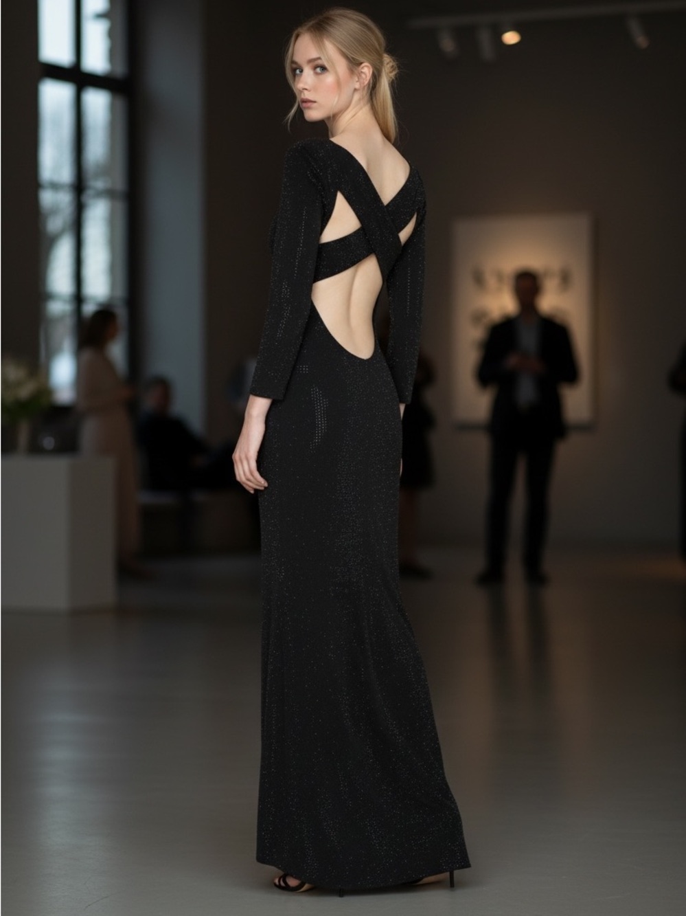 St. John New Long Sleeve Cross Back Sequin Knit Evening Gown Size 14 $1,995.00